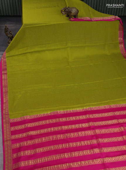 Pure mysore silk saree light green and pink with allover small zari checked pattern and zari woven border