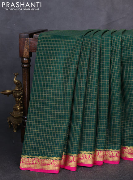 Pure mysore silk saree bottle green and pink with allover small zari checked pattern and zari woven border