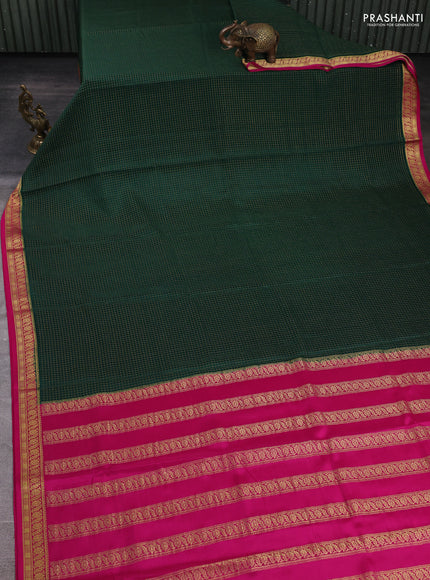 Pure mysore silk saree bottle green and pink with allover small zari checked pattern and zari woven border