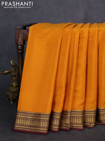 Pure mysore silk saree mustard yellow and coffee brown with plain body and zari woven border