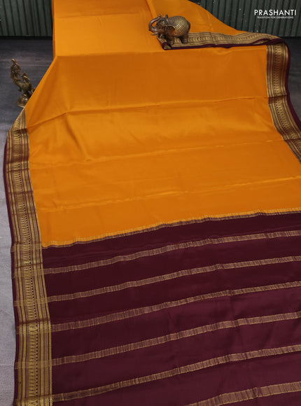 Pure mysore silk saree mustard yellow and coffee brown with plain body and zari woven border