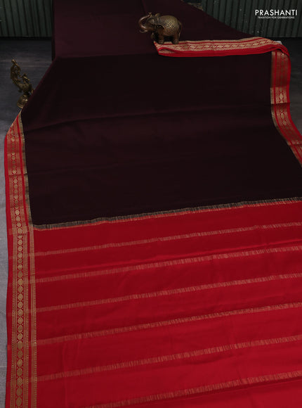 Pure mysore silk saree coffee brown and red with plain body and zari woven border
