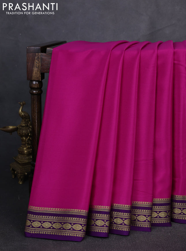 Pure mysore silk saree pink and violet with plain body and zari woven border