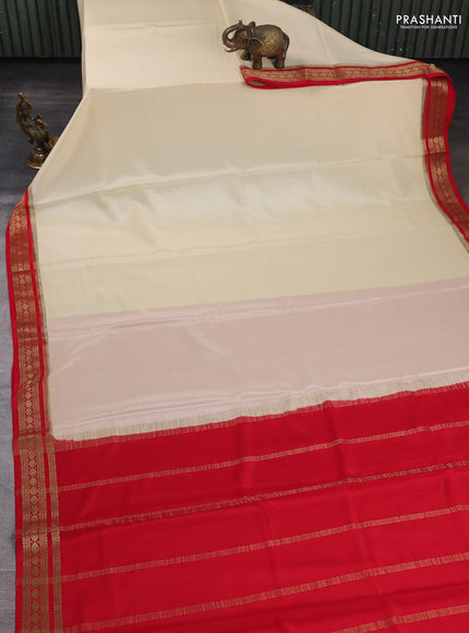 Pure mysore silk saree cream and red with plain body and zari woven border