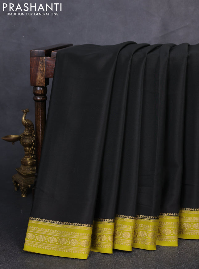 Pure mysore silk saree black and lime green with plain body and zari woven border