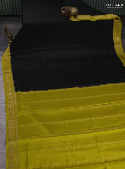 Pure mysore silk saree black and lime green with plain body and zari woven border
