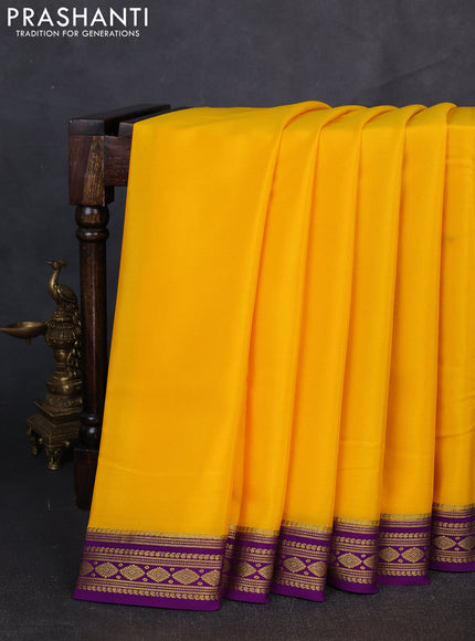 Pure mysore silk saree mango yellow and purple with plain body and zari woven border