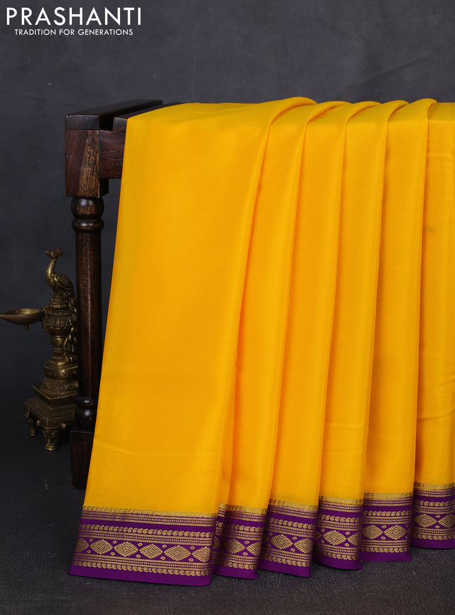 Pure mysore silk saree mango yellow and purple with plain body and zari woven border