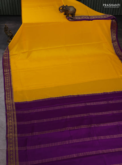 Pure mysore silk saree mango yellow and purple with plain body and zari woven border