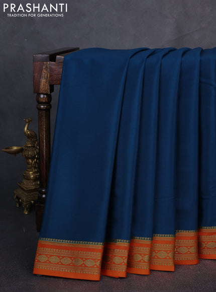 Pure mysore silk saree peacock blue and orange with plain body and zari woven border