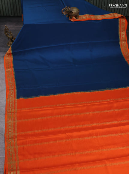 Pure mysore silk saree peacock blue and orange with plain body and zari woven border