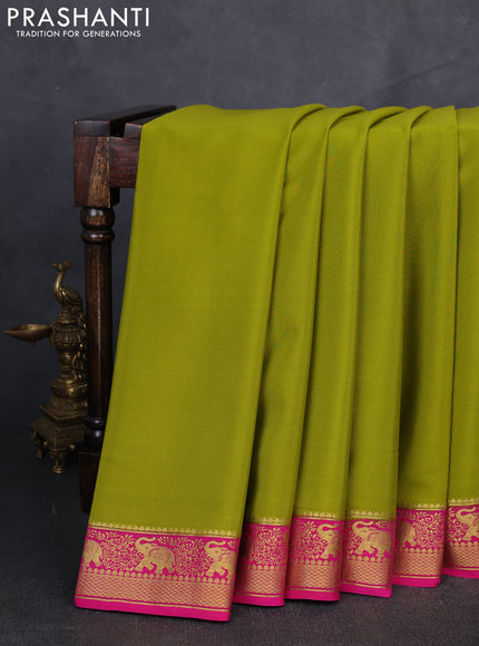 Pure mysore silk saree light green and pink with plain body and elephant zari woven border