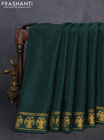 Pure mysore silk saree bottle green with plain body and zari woven border