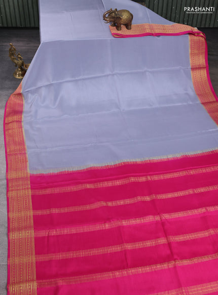 Pure mysore silk saree grey and pink with plain body and zari woven border