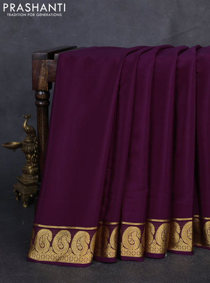 Pure mysore silk saree deep purple with plain body and paisley zari woven border