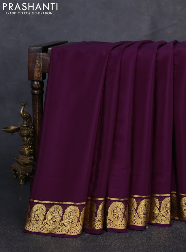 Pure mysore silk saree deep purple with plain body and paisley zari woven border