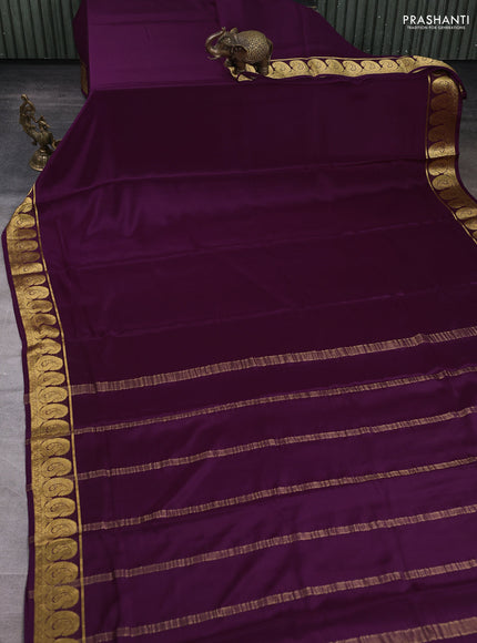 Pure mysore silk saree deep purple with plain body and paisley zari woven border