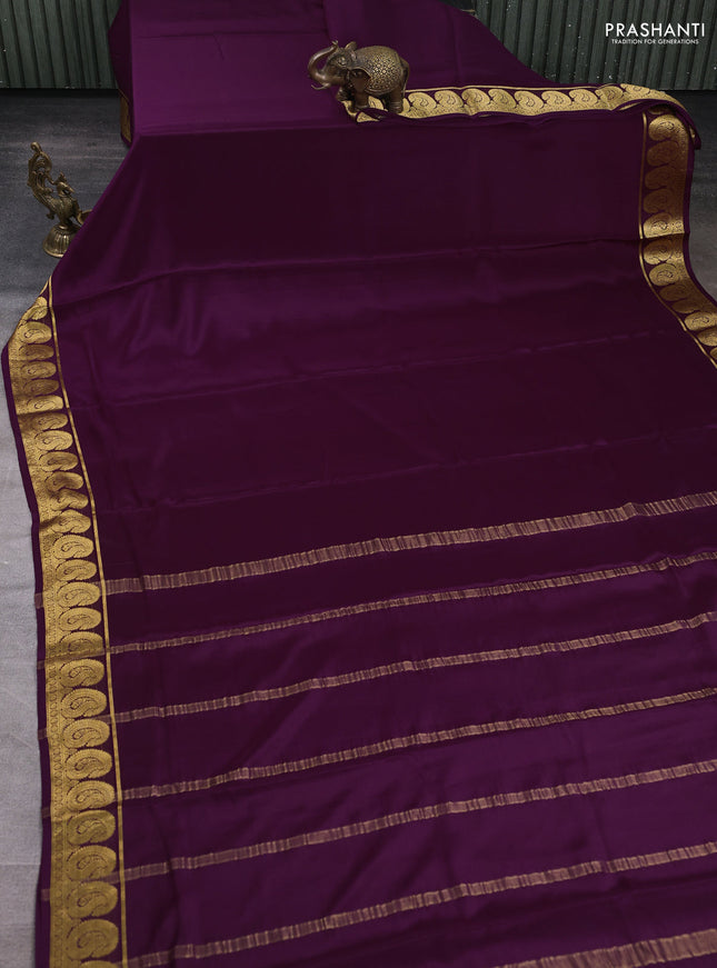 Pure mysore silk saree deep purple with plain body and paisley zari woven border