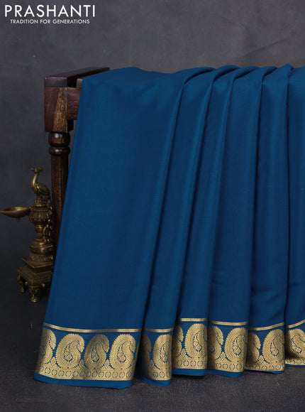 Pure mysore silk saree peacock blue with plain body and paisley zari woven border
