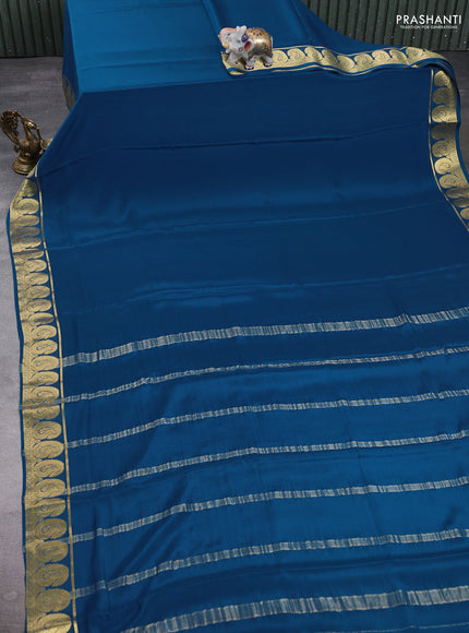 Pure mysore silk saree peacock blue with plain body and paisley zari woven border