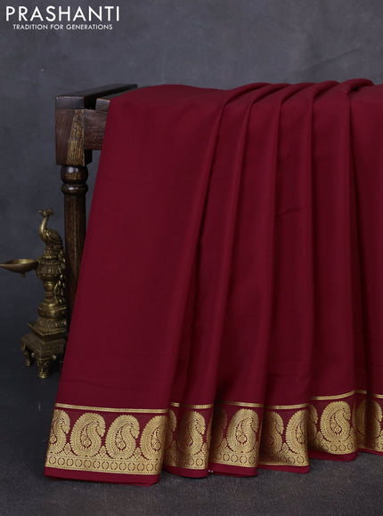 Pure mysore silk saree maroon with plain body and paisley zari woven border