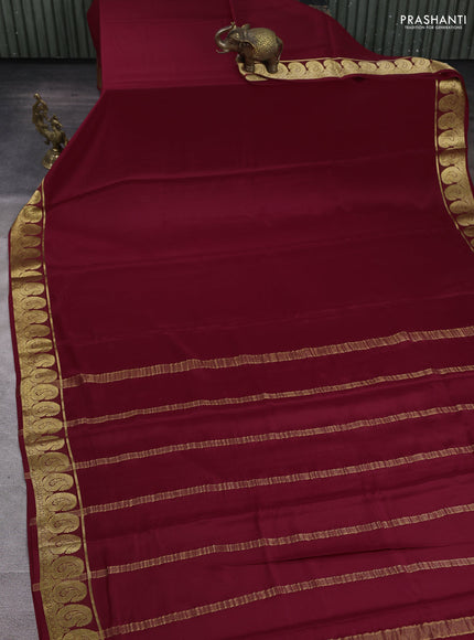 Pure mysore silk saree maroon with plain body and paisley zari woven border