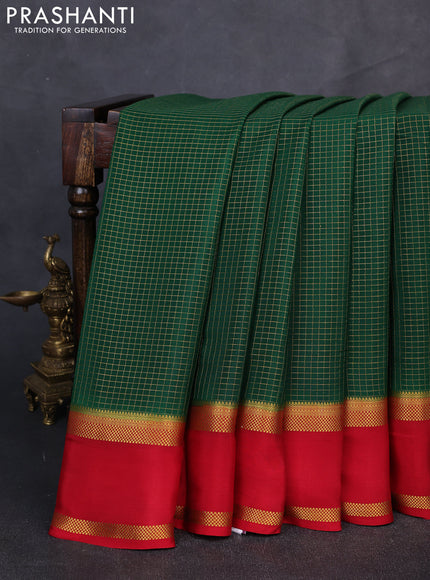 Pure mysore silk saree green and red with allover small zari woven checked pattern and rettapet zari woven border