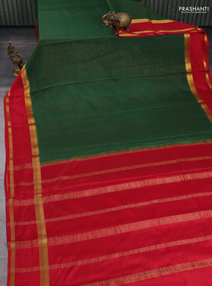 Pure mysore silk saree green and red with allover small zari woven checked pattern and rettapet zari woven border