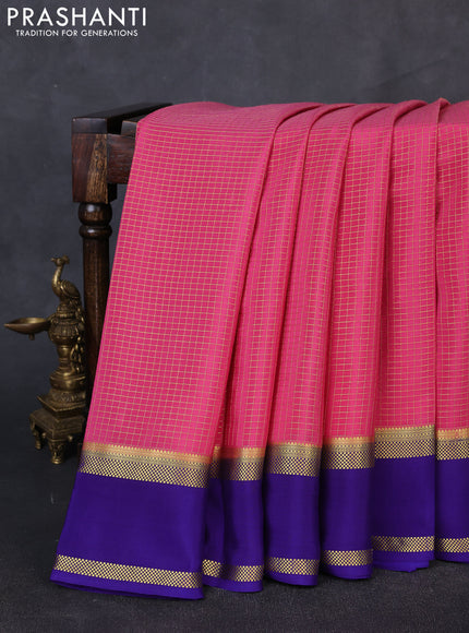 Pure mysore silk saree pink and blue with allover small zari woven checked pattern and rettapet zari woven border