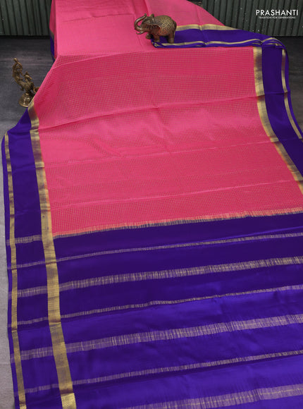 Pure mysore silk saree pink and blue with allover small zari woven checked pattern and rettapet zari woven border