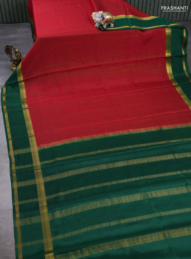 Pure mysore silk saree maroon and green with allover small zari woven checked pattern and rettapet zari woven border