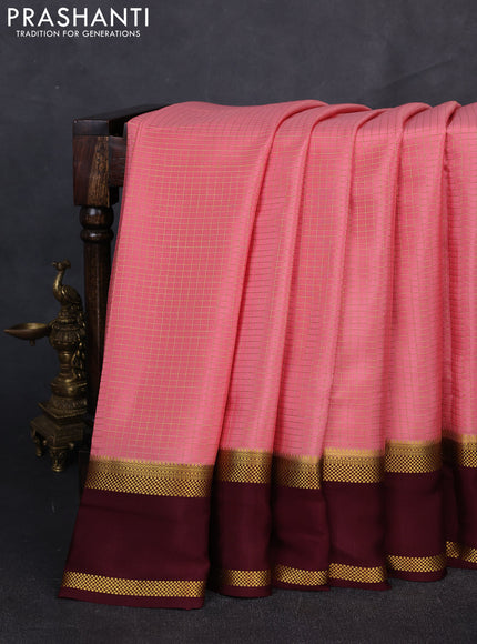 Pure mysore silk saree peach and deep maroon with allover small zari woven checked pattern and rettapet zari woven border