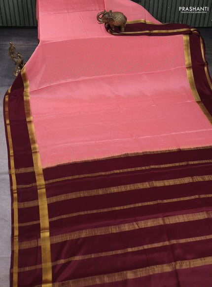 Pure mysore silk saree peach and deep maroon with allover small zari woven checked pattern and rettapet zari woven border