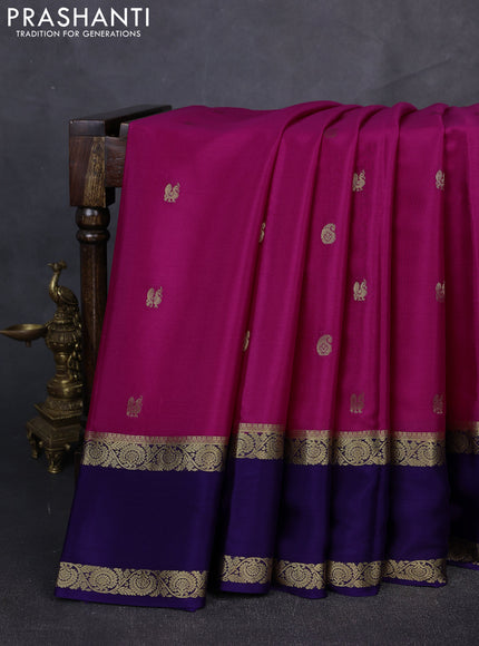 Pure mysore silk saree rani pink and dark blue with plain body and rettapet zari woven border