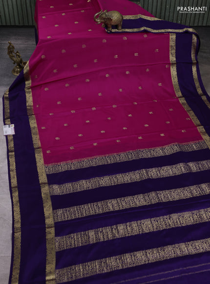 Pure mysore silk saree rani pink and dark blue with plain body and rettapet zari woven border