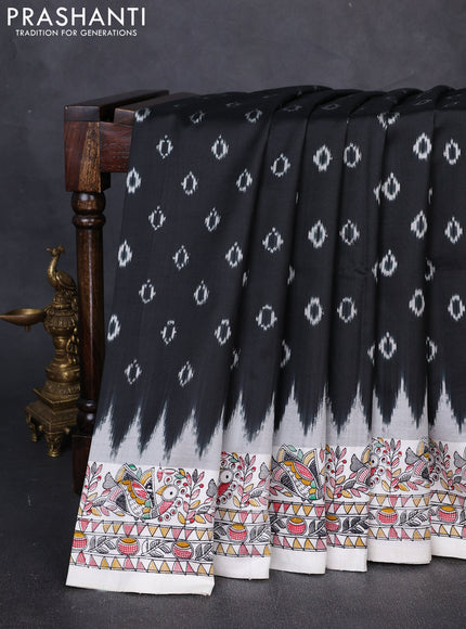 Pochampally silk saree black and off white with allover ikat butta weaves and temple design madhubani printed border
