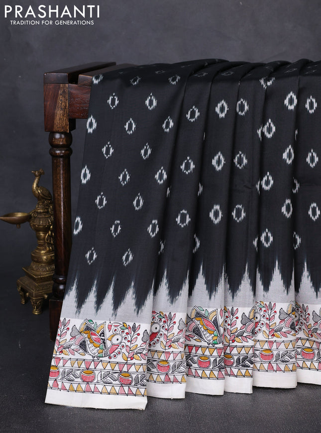 Pochampally silk saree black and off white with allover ikat butta weaves and temple design madhubani printed border