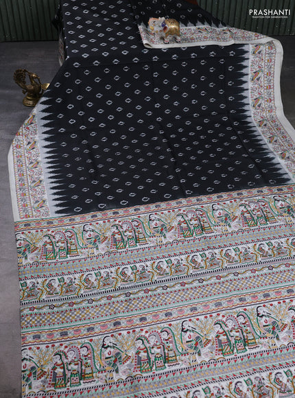 Pochampally silk saree black and off white with allover ikat butta weaves and temple design madhubani printed border