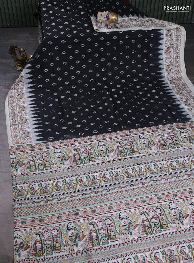 Pochampally silk saree black and off white with allover ikat butta weaves and temple design madhubani printed border
