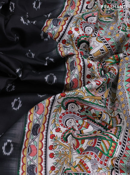 Pochampally silk saree black and off white with allover ikat butta weaves and temple design madhubani printed border