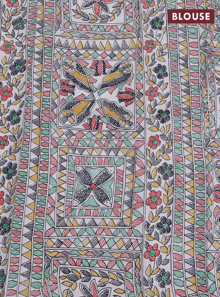 Pochampally silk saree black and off white with allover ikat butta weaves and temple design madhubani printed border