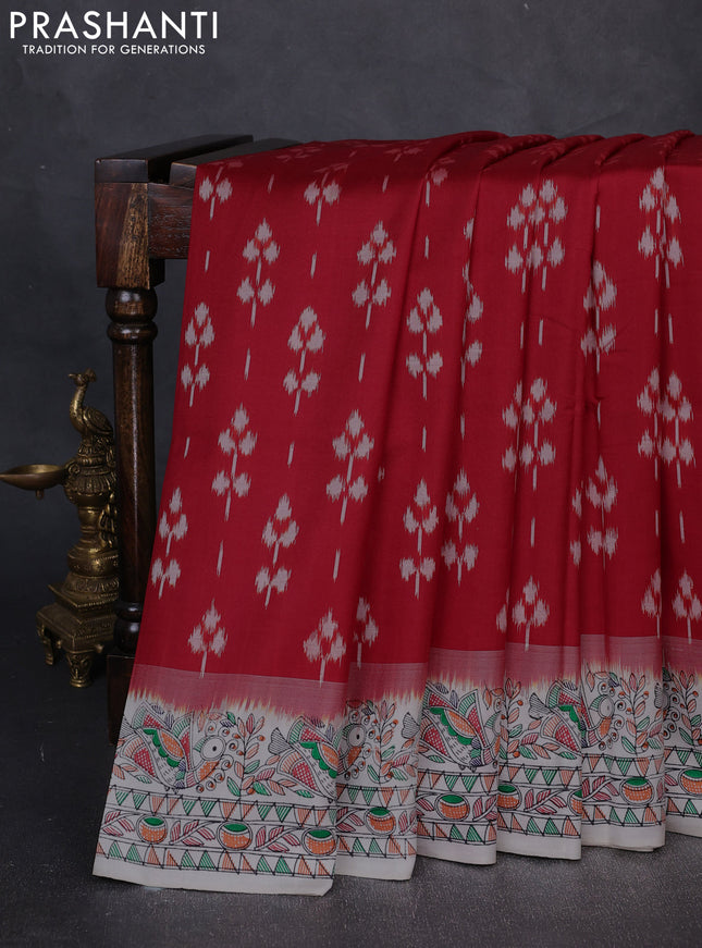 Pochampally silk saree red and off white with allover ikat butta weaves and temple design madhubani printed border
