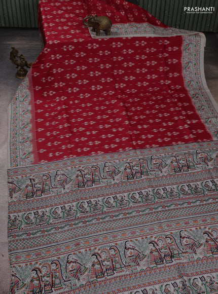 Pochampally silk saree red and off white with allover ikat butta weaves and temple design madhubani printed border