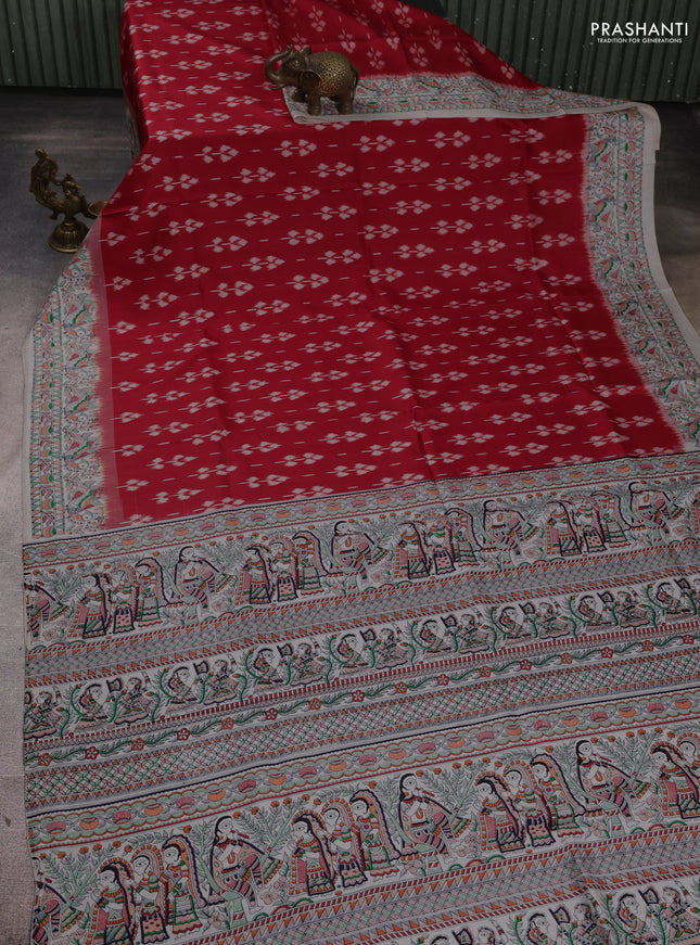 Pochampally silk saree red and off white with allover ikat butta weaves and temple design madhubani printed border