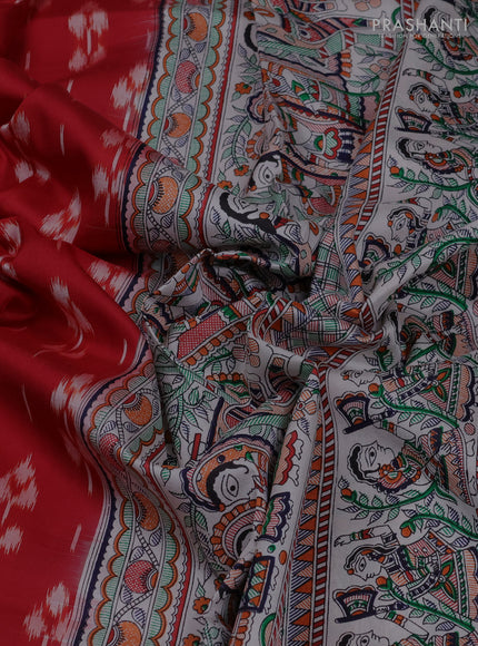 Pochampally silk saree red and off white with allover ikat butta weaves and temple design madhubani printed border