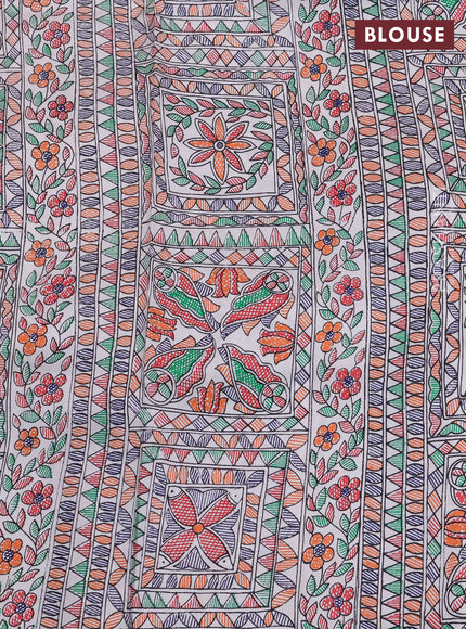 Pochampally silk saree red and off white with allover ikat butta weaves and temple design madhubani printed border