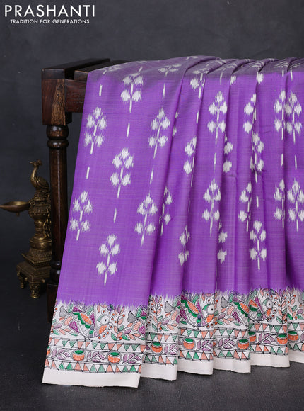 Pochampally silk saree violet and off white with allover ikat butta weaves and temple design madhubani printed border