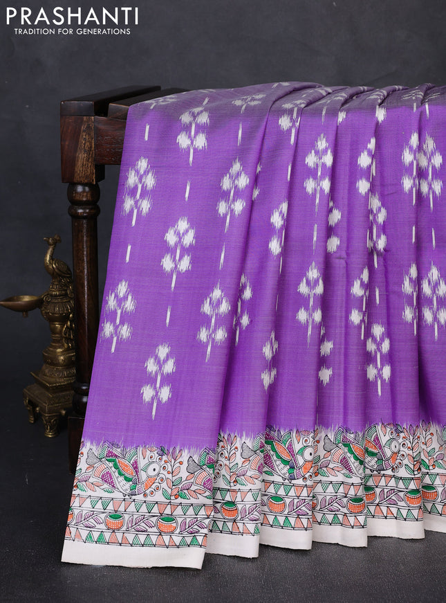 Pochampally silk saree violet and off white with allover ikat butta weaves and temple design madhubani printed border