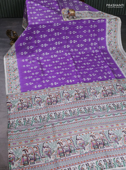 Pochampally silk saree violet and off white with allover ikat butta weaves and temple design madhubani printed border