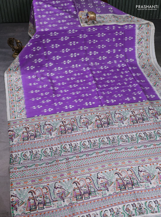 Pochampally silk saree violet and off white with allover ikat butta weaves and temple design madhubani printed border